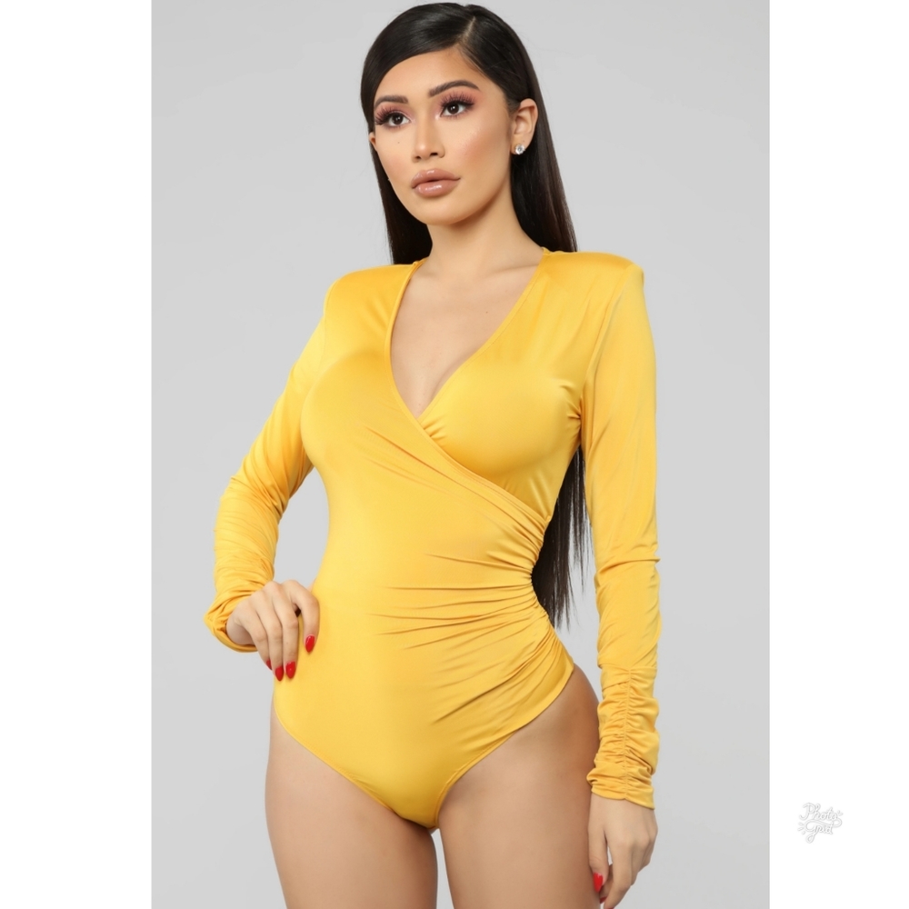 Fashion Nova Classy Surplice Bodysuit - Mustard